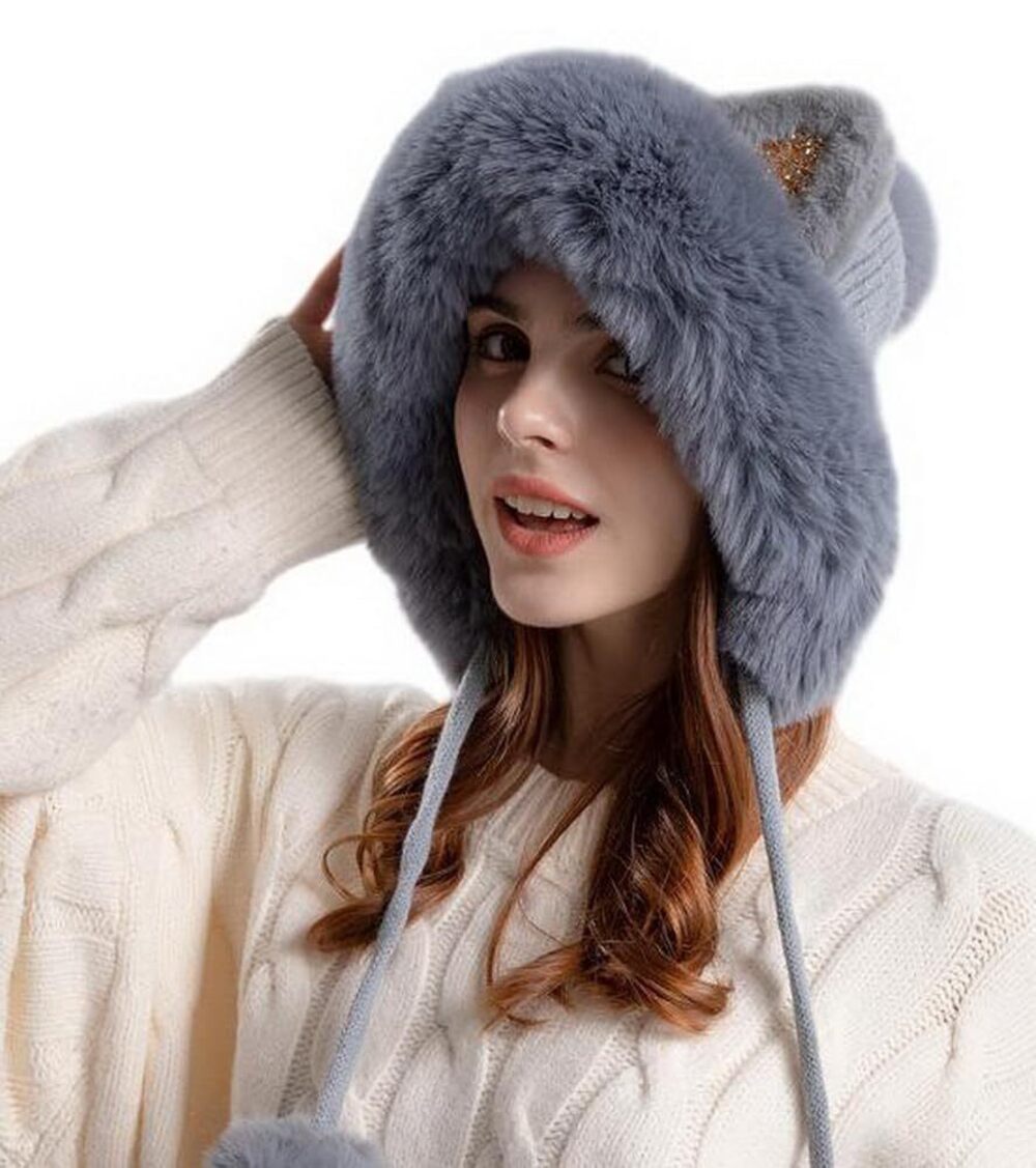 6584 Slouchy Knitted Earflap Beanie Hat Baseball Outdoor Warm Visor Brim